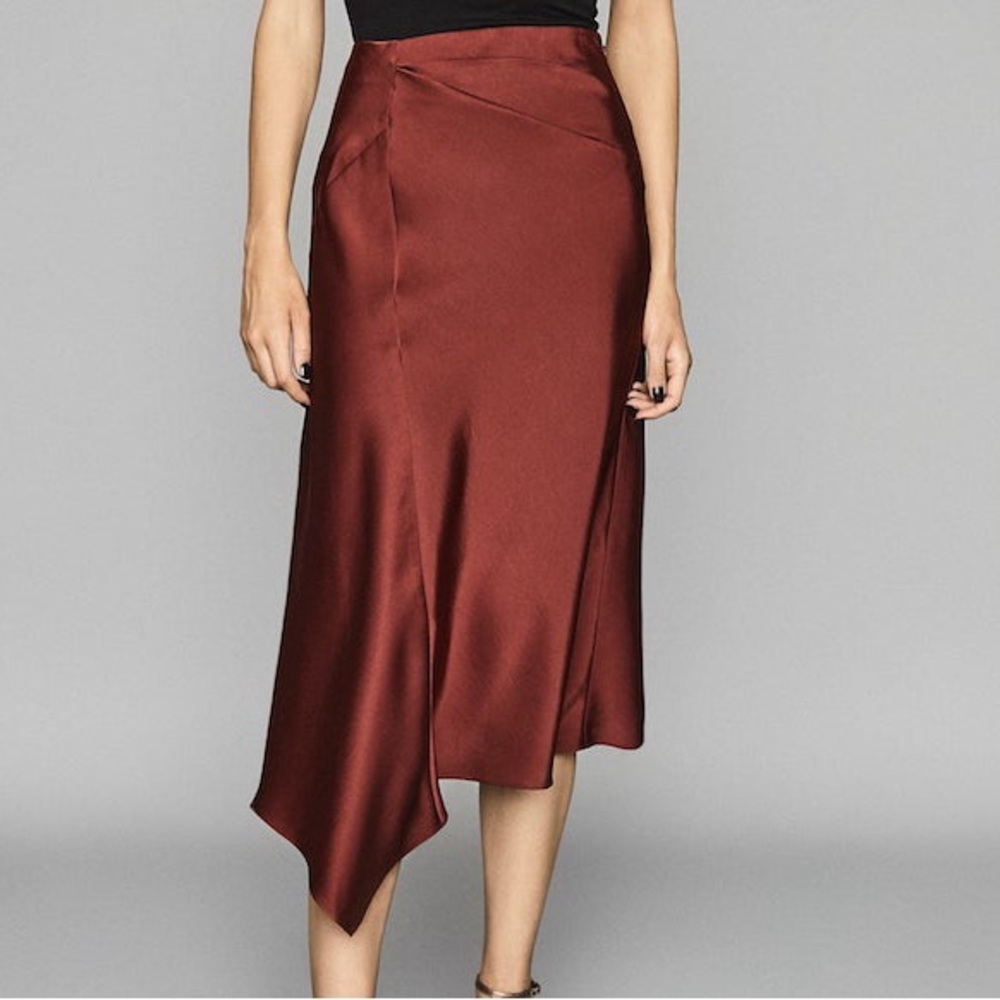 Reiss Aspen Brick Red Asymmetrical Midi Slip Skirt